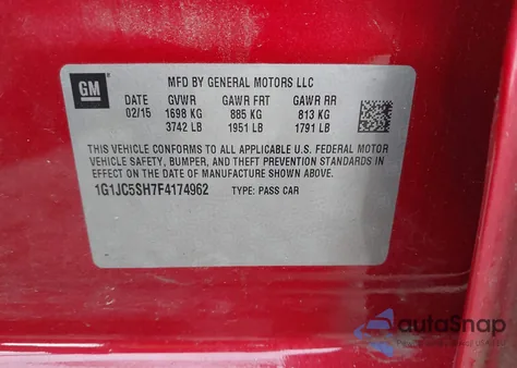 2015 Chevrolet Sonic Lt Auto z USA, uszkodzony, nr VIN 1G1JC5SH7F4174962